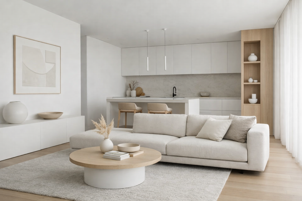 casa minimalista con muebles y distribución acogedora y colores cálidos