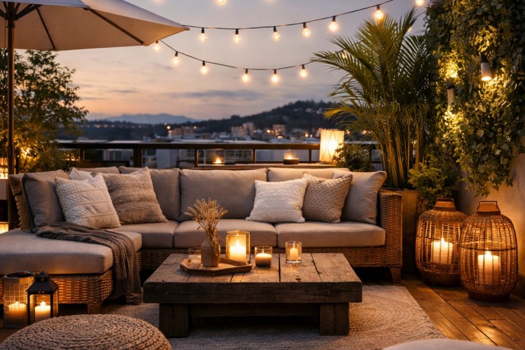 terraza moderna chill out en el atardecer con vistas a la montaña e iluminación cálida